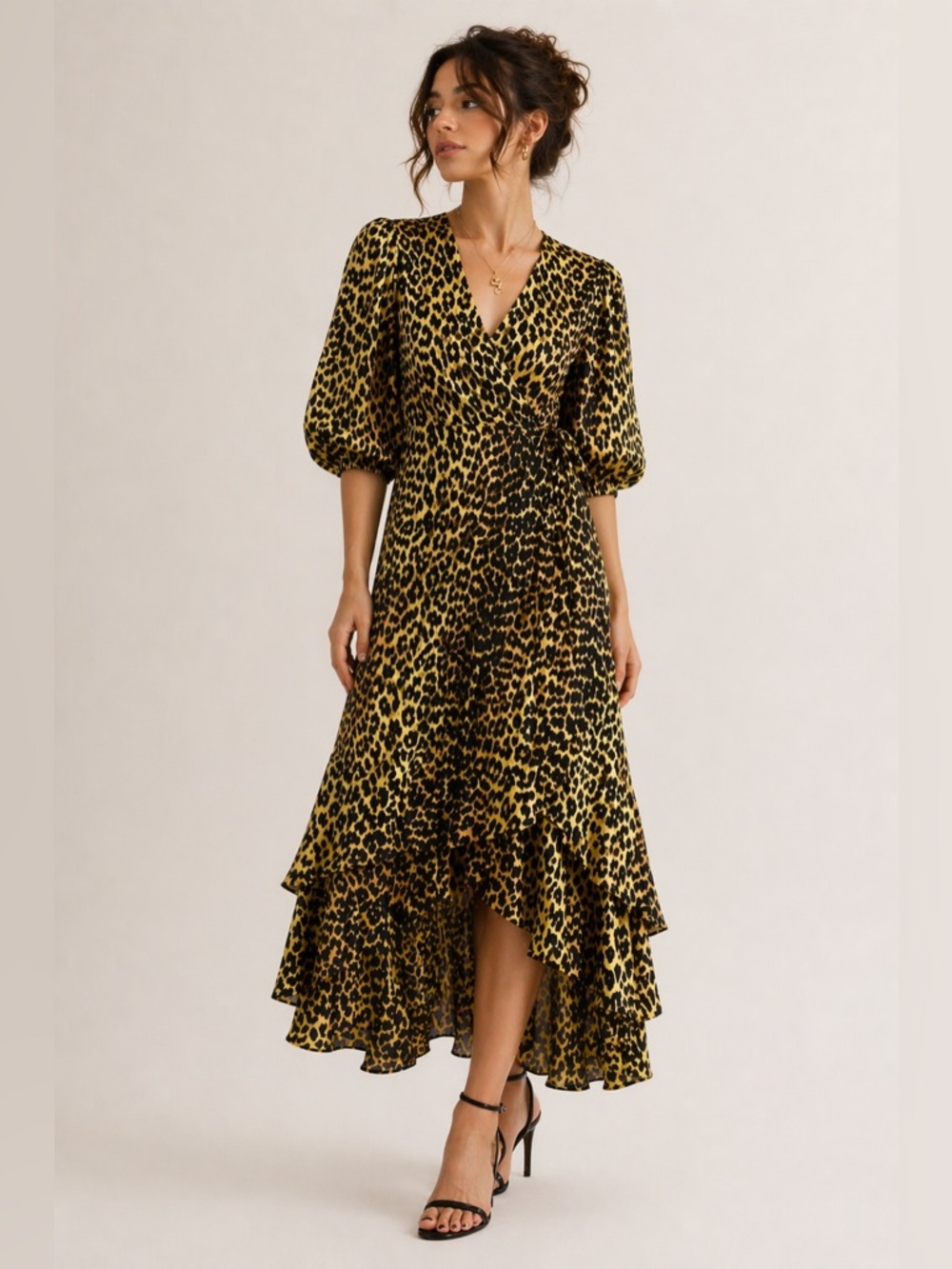 Ganni Bijou Cotton Poplin Animal Print Wrap Maxi Dress - Minion Yellow